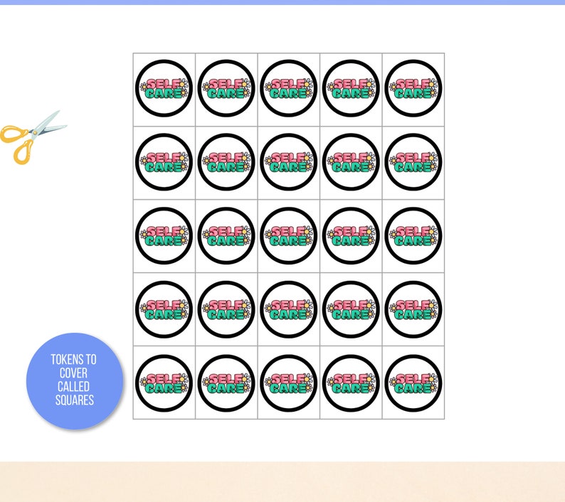 May include: A sheet of 25 round stickers with the words "Self Care" in pink and green letters with a floral design. The stickers are black and white with a white background.