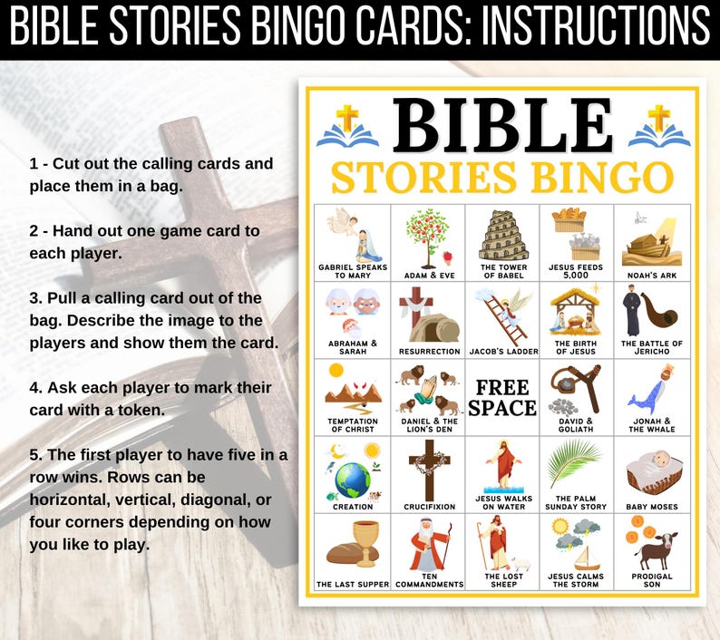 Bible Bingo, Bible Stories Bingo, 50 Bible Bingo Cards, Bible Activity For Kids, Bible Activity, Sunday School Bingo,  Bible Stories Game