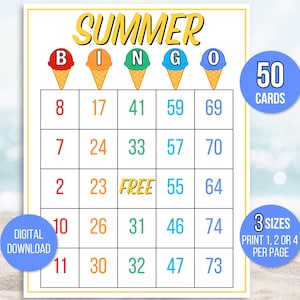 Bingo de verano, 50 tarjetas de bingo de verano, bingo de fiesta de verano, juego de verano, actividad de verano, juego de bingo imprimible para niños, juego de bingo de verano