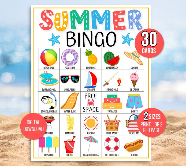 Summer Bingo, 30 Summer Bingo Cards, Summer Game, Summer Activity, Kid's Printable Bingo, Summer Bingo Game for Kids, Summer Vacation Bingo image 1