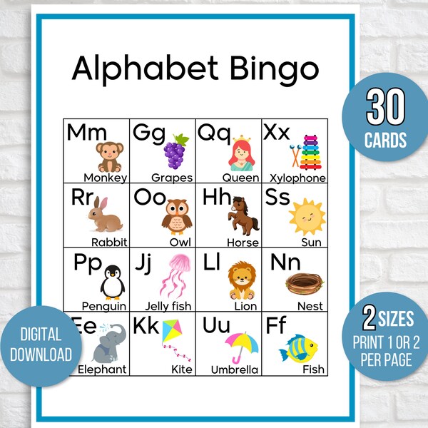 Bingo alphabet avec image, 30 cartes de bingo alphabet imprimables, pratique ABC, bingo ABC, apprendre les lettres, bingo ABC, bingo apprentissage ABC, 4 x 4