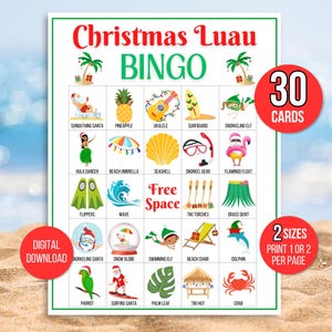 Weihnachtsbingo, 30 Weihnachts-Luau-Bingokarten, Weihnachtsaktivität, Kinder-Weihnachtsfeierspiel, Weihnachtsklassenzimmer Aktivität, Luau Bingo