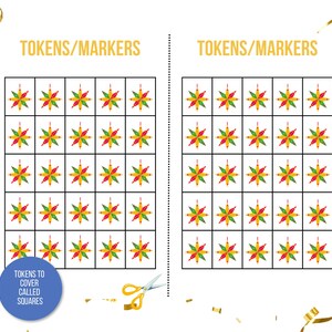May include: A printable game board with two grids of 36 colorful star-shaped tokens. The game instructions say "Tokens to cover called squares".