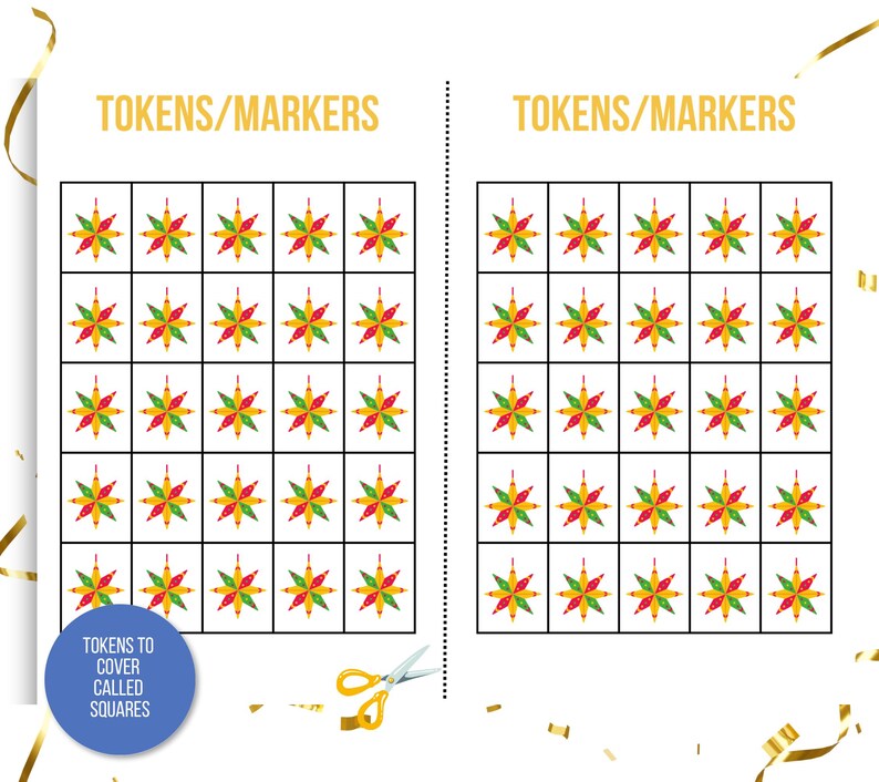 May include: A printable game board with two grids of 36 colorful star-shaped tokens. The game instructions say "Tokens to cover called squares".