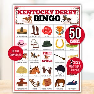 Kentucky Derby Bingo, 50 Kentucky Derby Bingo Cards, Kentucky Derby Game, Kentucky Derby Game for Kids, Kentucky Derby Party, Horse Bingo