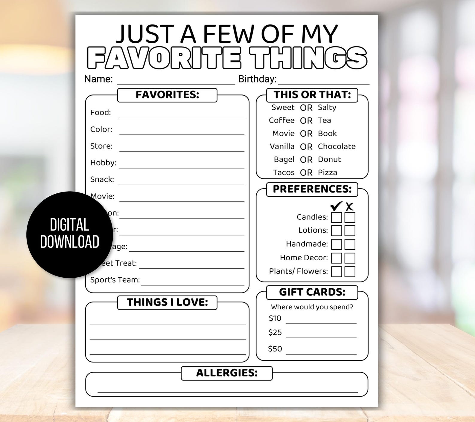 Favorite Things Survey, Favorite Things Form, My Favorite Things Survey ...