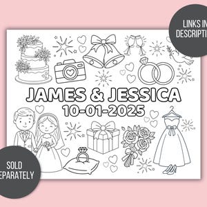May include: Black and white line art illustration with wedding-themed elements. Includes a cake, camera, bells, rings, couple, gift, flowers, dress, and the text "JAMES & JESSICA 10-01-2025".