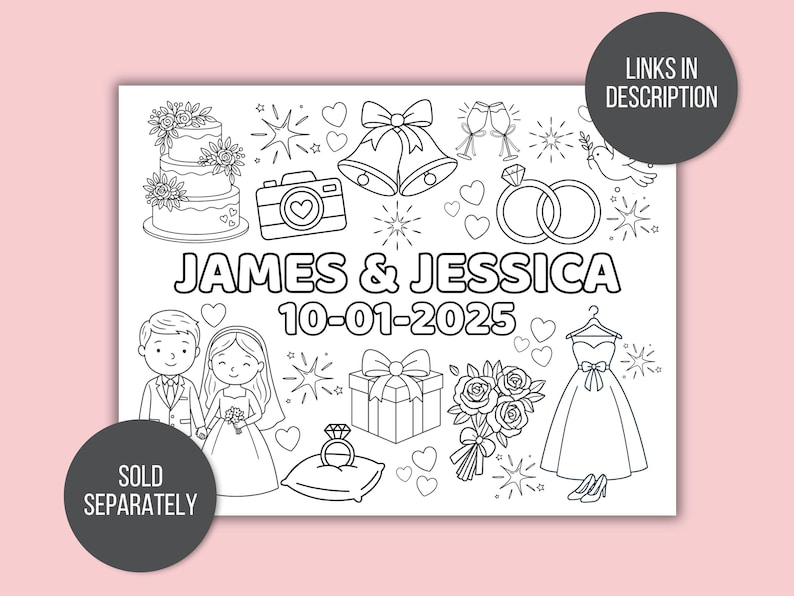 May include: Black and white line art illustration with wedding-themed elements. Includes a cake, camera, bells, rings, couple, gift, flowers, dress, and the text "JAMES & JESSICA 10-01-2025".