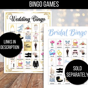 Puede incluir: Dos tarjetas de bingo de boda imprimibles con un borde dorado. La tarjeta superior est&aacute; titulada "Wedding Bingo" y la tarjeta inferior est&aacute; titulada "Bridal Bingo". Ambas tarjetas tienen un espacio libre en el centro y est&aacute;n llenas de iconos y texto con tem&aacute;tica nupcial.