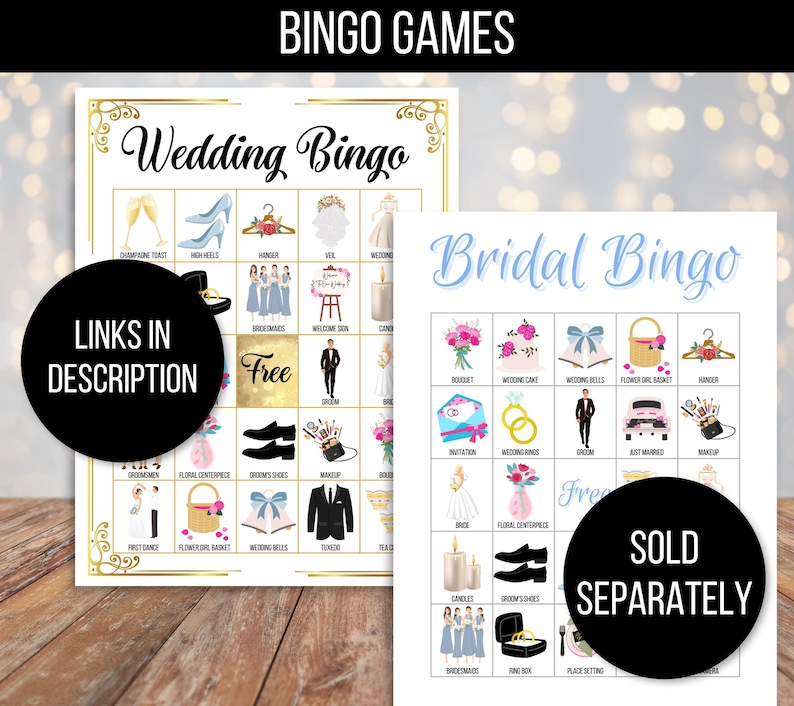 Puede incluir: Dos tarjetas de bingo de boda imprimibles con un borde dorado. La tarjeta superior est&aacute; titulada "Wedding Bingo" y la tarjeta inferior est&aacute; titulada "Bridal Bingo". Ambas tarjetas tienen un espacio libre en el centro y est&aacute;n llenas de iconos y texto con tem&aacute;tica nupcial.