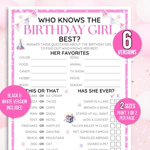 Peut inclure: Un jeu de fête d'anniversaire imprimable rose et blanc intitulé "Qui connaît le mieux la fille d'anniversaire ?" avec des questions à compléter et des options "Ceci ou cela". Comprend 6 versions et 2 tailles.