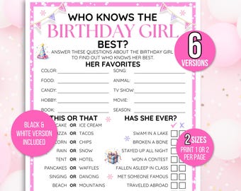 Who Knows The Birthday Girl Best, Birthday Party Game, Birthday Game for Girls, Birthday Trivia Game, Birthday Girl Game, Birthday Printable