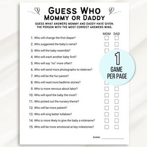 Guess Who Mommy or Daddy Game, Baby Shower Game, Mommy or Daddy Game, Baby Shower Game, Who Said It Trivia Game, Minimalist Baby Shower Game