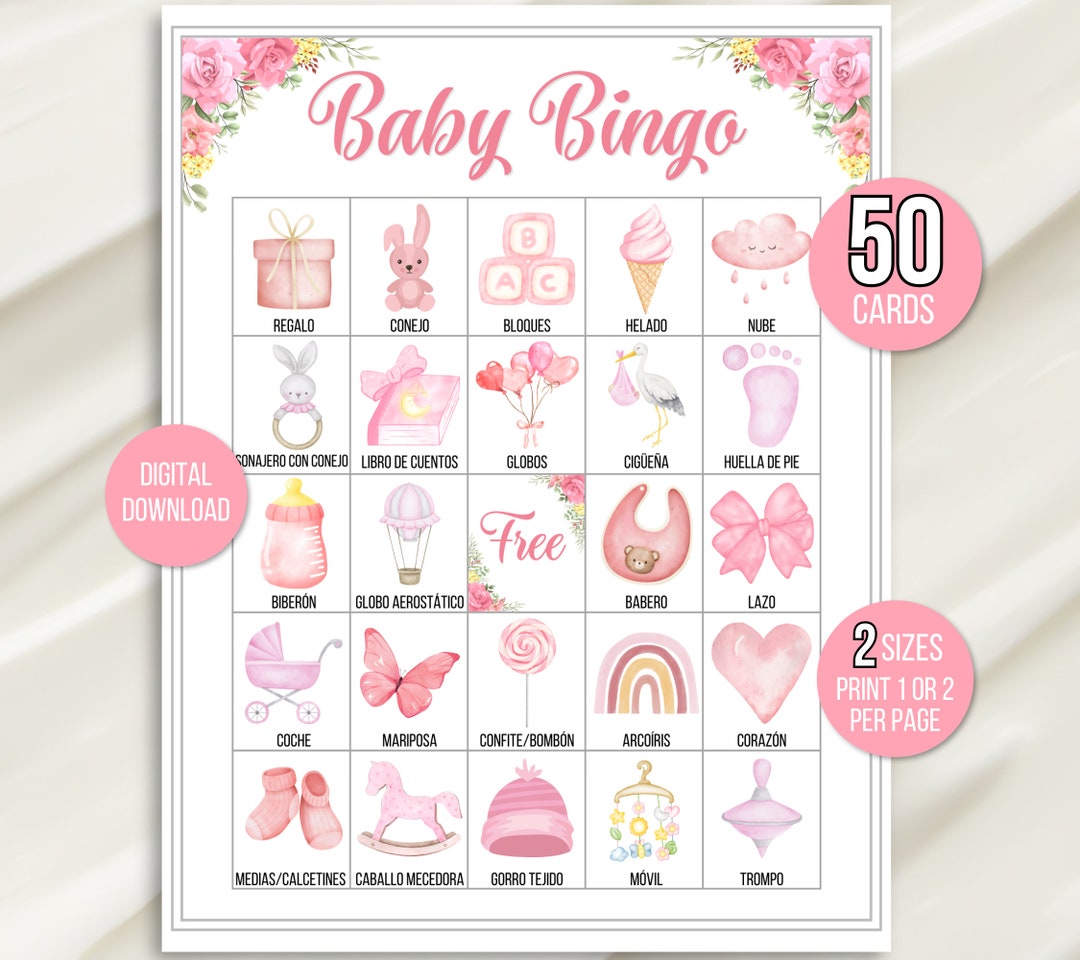 Baby Girl Bingo, 50 Spanish Baby Bingo Cards, Baby Girl Shower ...