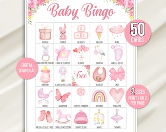 Baby Girl Bingo, 50 cartelle del bingo spagnolo per bambini, stampabile per baby shower, gioco del bingo spagnolo per bambini, cartelle del bingo per bambini, Baby Sprinkle