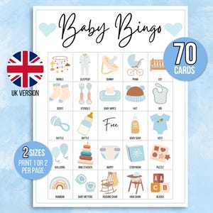 May include: A blue and white baby bingo card with 70 cards printed on it. The card has a free space in the middle and is filled with baby-related items such as a mobile, sleepsuit, dummy, pram, cot, socks, utensils, baby wipes, hat, bib, rattle, bottle, baby soap, vest, balloons, ring stacker, nappy, storybook, puzzle, rainbow, baby mittens, rocking chair, high chair, and blocks.