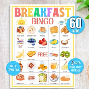 Bingo de café da manhã, 60 cartões de bingo de café da manhã para impressão, jogo de bingo de café da manhã, bingo de brunch, bingo de comida, jogo de café da manhã, atividade de café da manhã