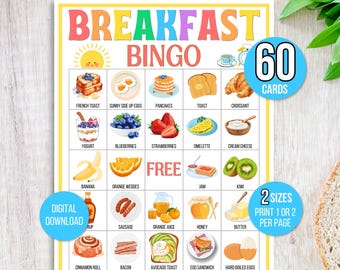 Breakfast Bingo, 60 Printable Breakfast Bingo Cards, Breakfast Bingo Game, Brunch Bingo, Food Bingo, Breakfast Game, Breakfast Activity