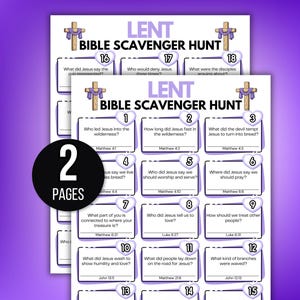 May include: Two-page LENT Bible Scavenger Hunt game sheets. The sheets are white with purple accents and feature questions about Jesus's life. The title is in purple and the pages are marked with a black circle that says "2 PAGES".