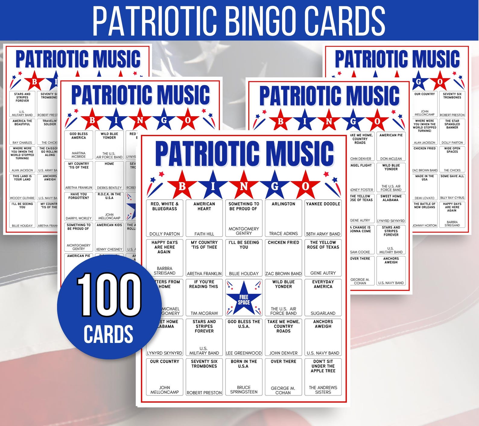 Music Bingo, Patriotic Music Bingo, Fourth of July Bingo Cards ...