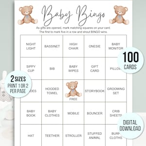 100 Baby Shower Bingokarten, einzigartige vorgefüllte Baby Bingo Spielkarten, Baby Geschenk Bingokarten, Baby Shower Bingo Spiel, minimalistisches Baby Bingo