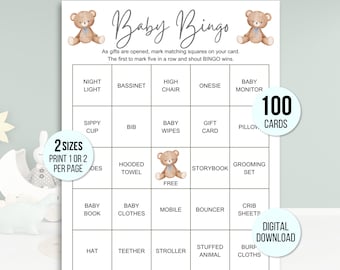 100 Baby Shower Bingo Cards, Unique Prefilled Baby Bingo Game Cards, Baby Gift Bingo Cards, Baby Shower Bingo Game, Minimalist Baby Bingo