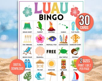 Luau Bingo, Aloha Bingo, Hawaiiansk Bingo, 30 utskrivbara Luau Bingokort, Luau Födelsedag, Luau Partyspel, Luau Spel, Hawaiianska Partyspel