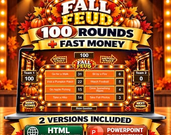 May include: A digital game interface titled Fall Feud featuring 100 rounds and fast money. The screen displays a scoreboard with two teams, autumn-themed graphics with pumpkins and leaves, and buttons for HTML and PowerPoint versions.