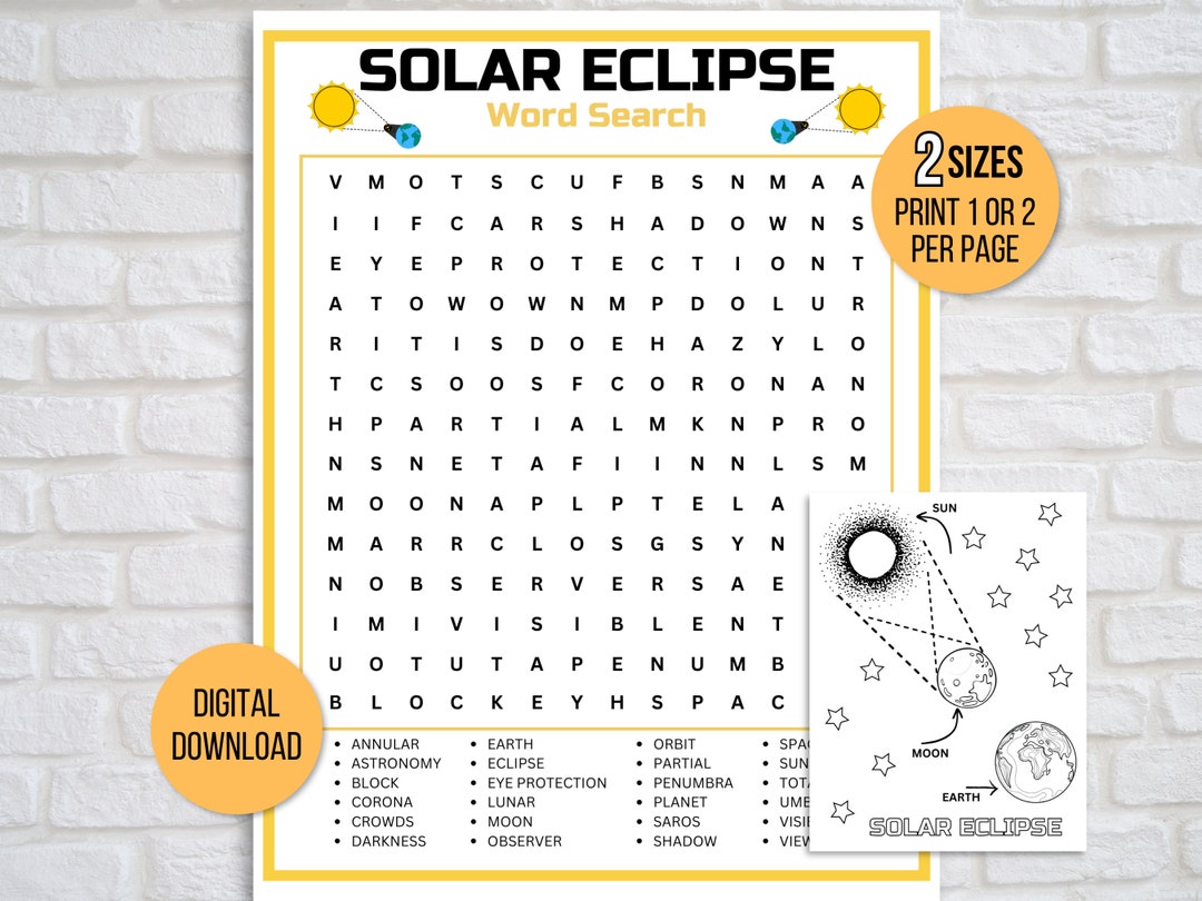 Solar Eclipse Word Search, Fun Solar Eclipse Game, Printable Solar ...