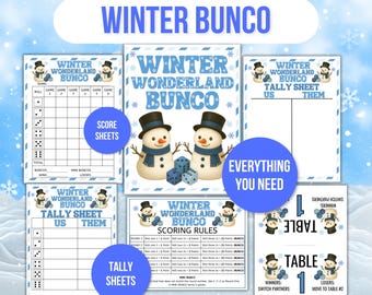 Könnte beinhalten: Eine Sammlung von Winter-Bunco-Spielbögen mit Winterwunderland-Thema. Die Bögen umfassen Wertungsbögen, Wertungsbögen und Spielregeln. Das Design zeigt Schneemänner, Schneeflocken und Würfel.