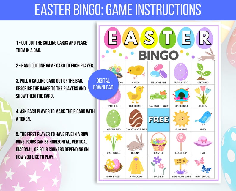 Easter Bingo, 50 Printable Easter Bingo Cards, Easter Activity For Kids, Kids Easter Party Game, Easter Classroom Activity, Easter Game