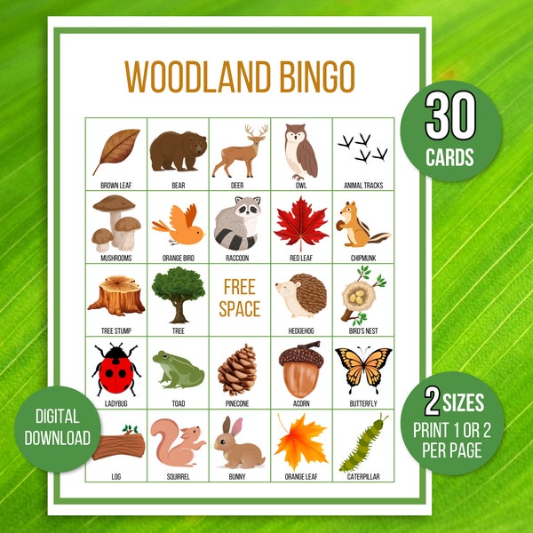 Woodland Bingo, 30 Printable Woodland Bingo Cards, Woodland Party Game, Nature Bingo, Forest Bingo, Woodland Activity, Boy Scout Game
