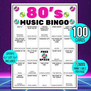 Puede incluir: Un colorido juego de Bingo musical de los 80 con un diseño retro. El juego incluye 100 cartas y presenta canciones populares de la década de 1980. El juego también incluye una lista de Spotify. El juego está disponible en dos tamaños.