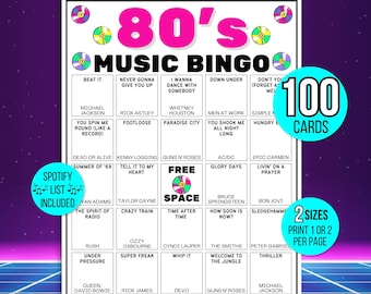 80s Bingo, 80s Song Bingo, 80s Music Bingo, 80s Retro Bingo, 100 Printable 1980s Bingo Cards, 80s Game, 80s Activity, 80s Spotify List Bingo
