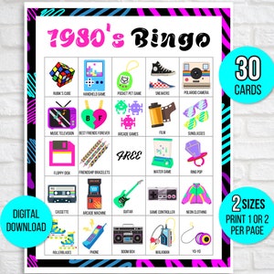 80s Bingo, 1980s Bingo, Retro Bingo, 30 Printable 1980s Bingo Cards, 80s Game, 80s Activity, 80s Party Games for Kids, 80s Party Game