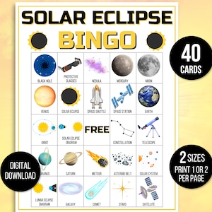 Bingo de eclipse solar, 40 tarjetas de bingo de eclipse solar imprimibles, bingo espacial, juego de eclipse solar para niños, actividad de eclipse solar, fiesta de eclipse