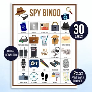 Spy Bingo, 30 Printable Spy Bingo Cards, Spy Party Game, Spy Activity, Spy Birthday Party Bingo, Spy Themed Party, Secret Agent Game