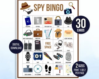 Bingo de espías, 30 tarjetas de bingo de espías para imprimir, juego de fiesta de espías, actividad de espías, bingo de fiesta de cumpleaños de espías, fiesta temática de espías, juego de agente secreto