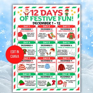 Customizable 12 Days of Christmas Dress Up Flyer Printable, Editable School Spirit Week Template, Customizable Holiday School Spirit Week