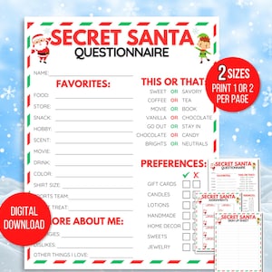 Secret Santa Questionnaire, Printable Secret Santa Questions, Gift Exchange Questionnaire, Christmas Party, Work Secret Santa Questionnaire