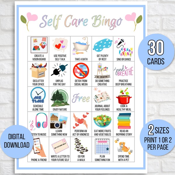Self Care Bingo, 30 Self Care Bingo Cards, Self Care Challenge, Self Love Challenge, Wellness Bingo, Self Care Checklist, Self Care Activity
