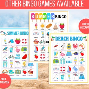 K&ouml;nnte beinhalten: Drei druckbare Bingokarten mit einem Sommerthema. Die Karten zeigen Bilder von sommerlichen Aktivit&auml;ten wie Schwimmen, Sonnenbaden und Eisessen. Die Karten sind mit "Summer Bingo", "Beach Bingo" und "Summer Bingo" betitelt.