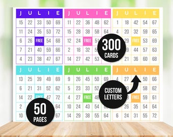 May include: A set of 300 bingo cards with custom letters and 50 pages. The cards are color-coded with different colors for each month. The cards are numbered 1-72. The cards are designed for the month of July.