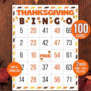 Thanksgiving Bingo, 100 Thanksgiving Bingo Cards, Thanksgiving Games, Thanksgiving Party Game, Thanksgiving Games, Thanksgiving Number Bingo