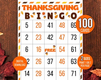 May include: A printable Thanksgiving Bingo card with a fall theme. The card has a free space in the center and numbers from 2 to 73. The card is designed to be printed on 8.5 x 11 inch paper. The card is part of a set of 100 cards.