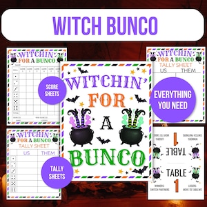 May include: A Witch Bunco game set with score sheets, tally sheets, and instructions. The central image features a cauldron with witch legs and the text "Witchin' for a Bunco". The color scheme includes purple, orange, green, and black, perfect for Halloween.