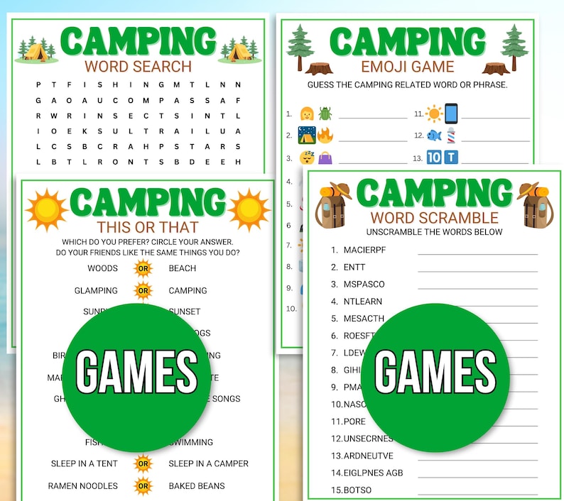 Camping Games, Camping Party Games, Camping Activities, Camping Games for Kids, Camping Printable, Camping Activities, Camping Games Bundle