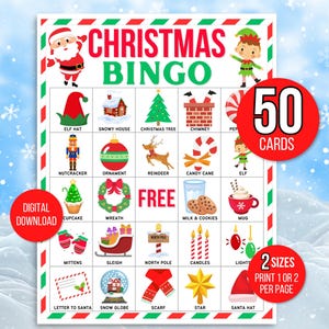 Bingo navideño, 50 tarjetas de bingo navideño, actividad navideña, juego de fiesta navideña para niños, actividad navideña para el aula, lindo bingo navideño