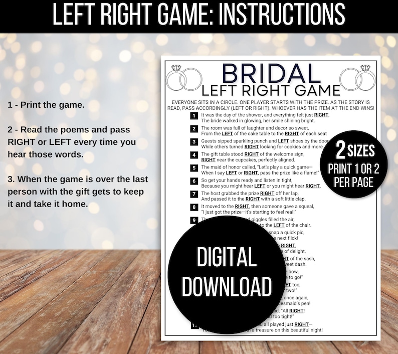 Pass the Gift Game, Bridal Pass the Gift Game, Bridal Pass the Prize Game, Bridal Activity, Bridal Shower Game, Bridal Left Right Game, Poem