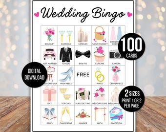 Wedding Bingo Cards, 100 Wedding Bingo Game Cards, Bridal Shower Bingo Game, Wedding Game Idea,  Wedding Reception Game, Couple's Bingo Game